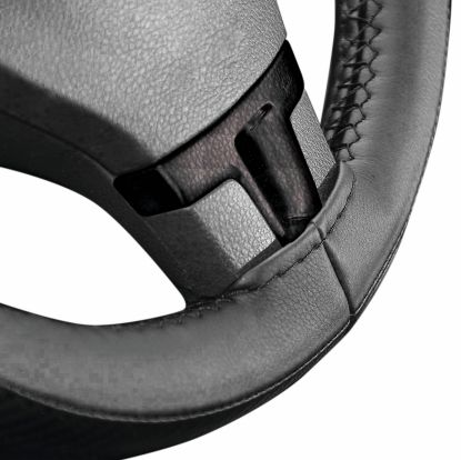 CLASSIC CUIR BLACK LEATHER STEERING WHEEL COVER SEW-ON, BLACK STITCH 37-39CM 