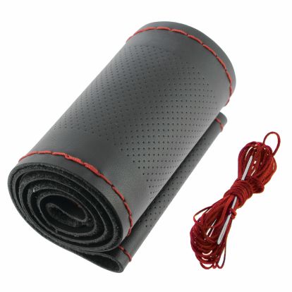 CLASSIC CUIR BLACK LEATHER STEERING WHEEL COVER SEW-ON, RED STITCH 37-39CM 