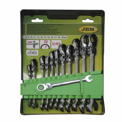 SET OF 12 HINGED COMBINATION SPANNERS WITH RATCHET